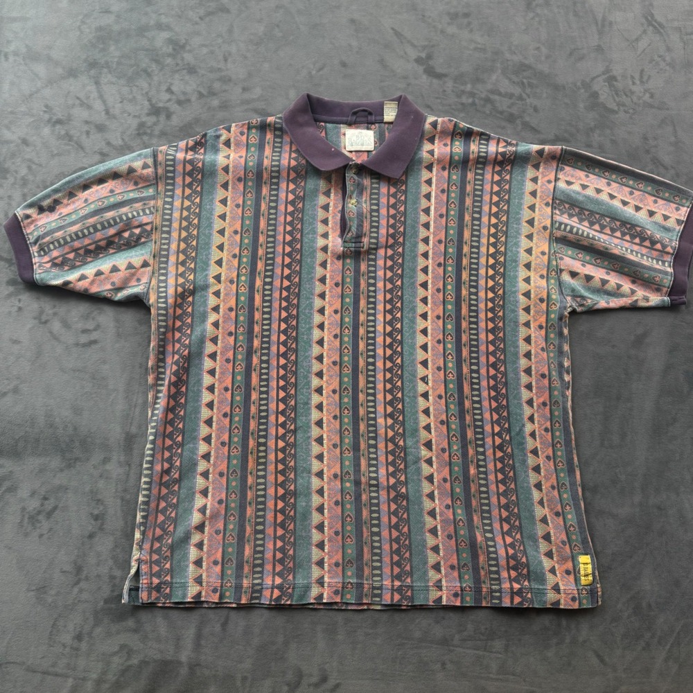 Vintage BD Baggies Mens XL Polo Shirt Geometric Tribal Print Cotton Short Sleeve